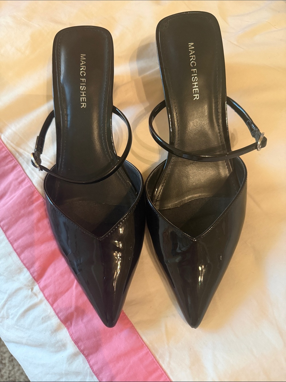 Marc Fisher Black Patent Pointed Mules with Ankle Strap